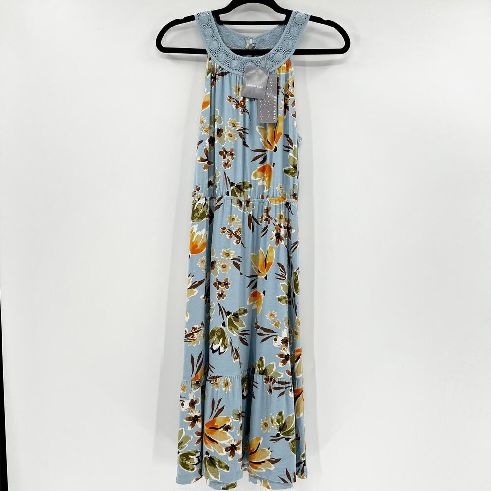 NWT Danielrainn Women's Light Blue Floral High Neck‎ Crochet Midi Dress Size M